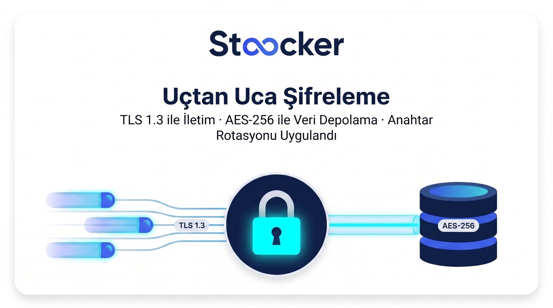 Stoocker — uçtan uca şifreleme: TLS 1.3 ile iletim, AES-256 ile veri depolama, anahtar rotasyonu uygulandı.